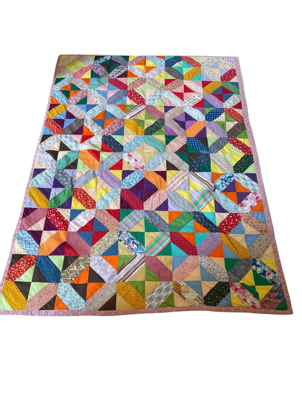 70’s Handmade Machine Zig Zag Stitch Multi Colored Patchwork Throw Lap Quilt